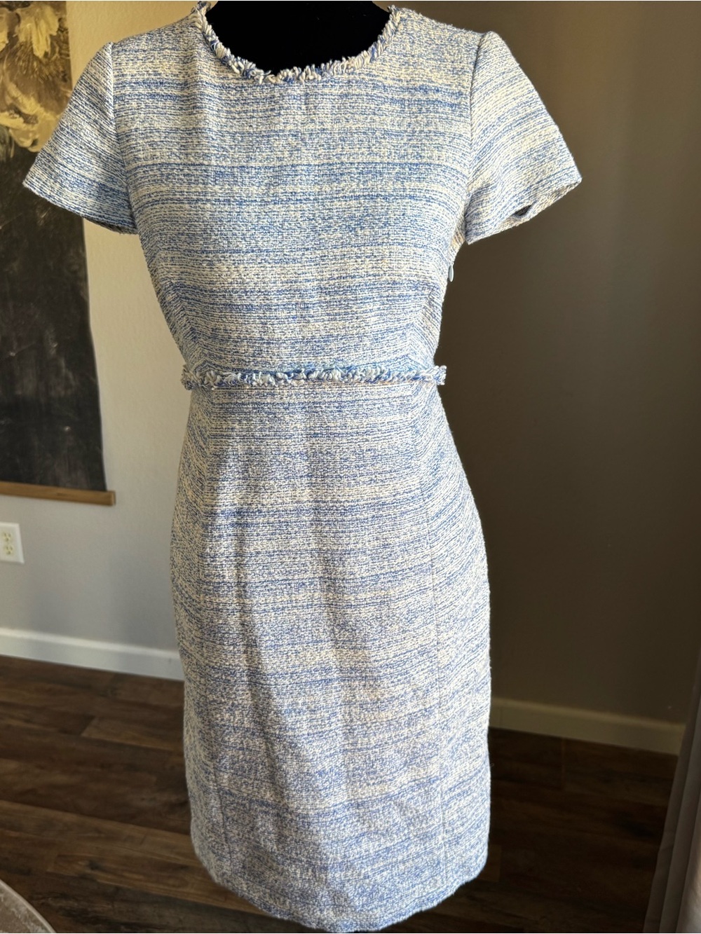 Seraphine Blue and Cream Tweed Midi Dress